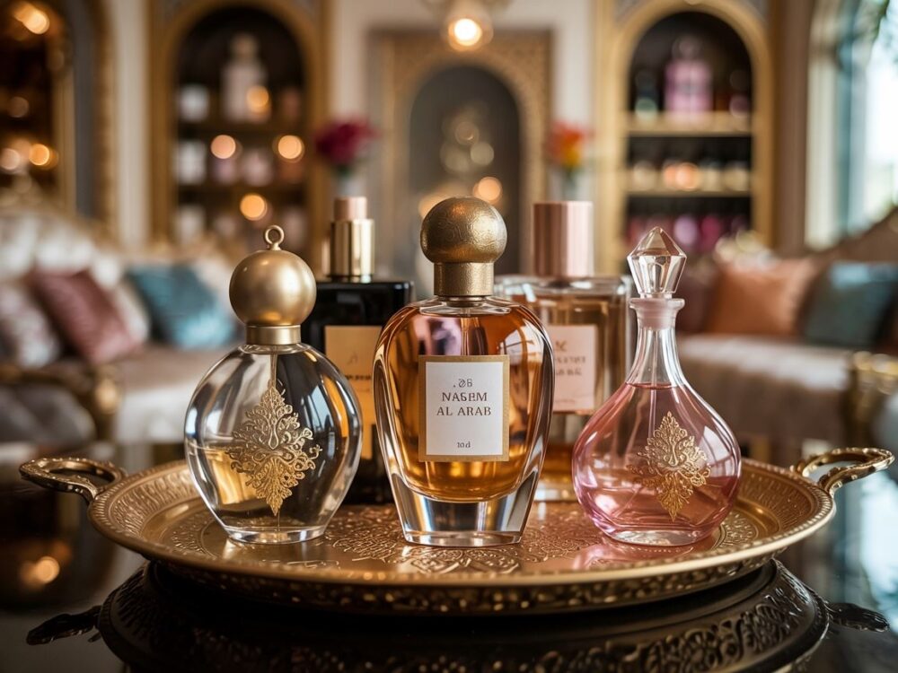 butelka perfum na tle Dubaju