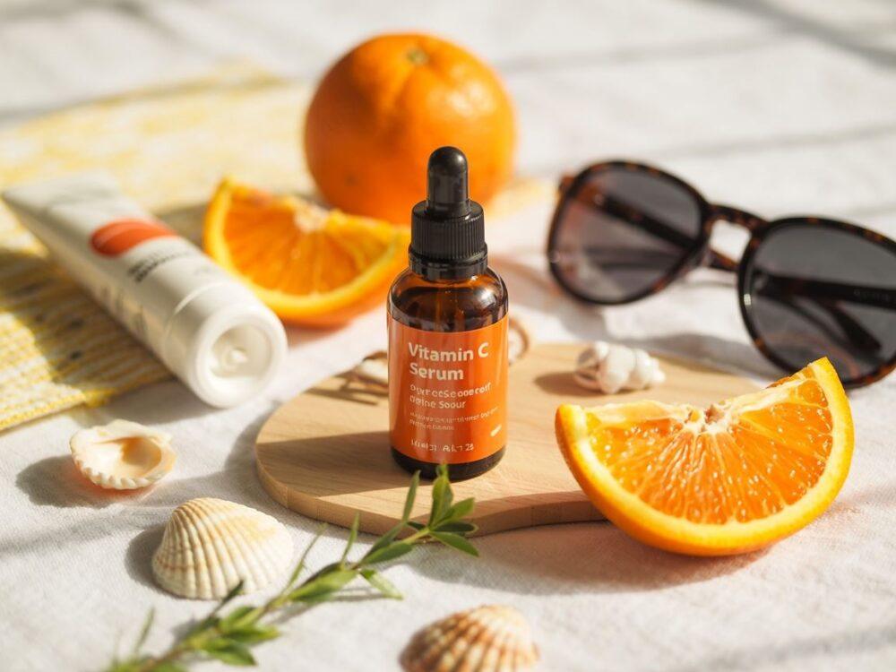butelka serum i pomarańcze