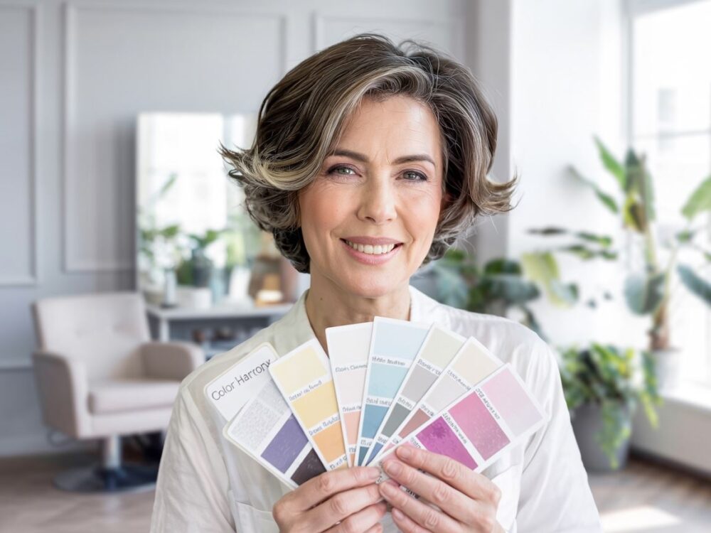 kobieta z siwiejącymi włosami w salonie